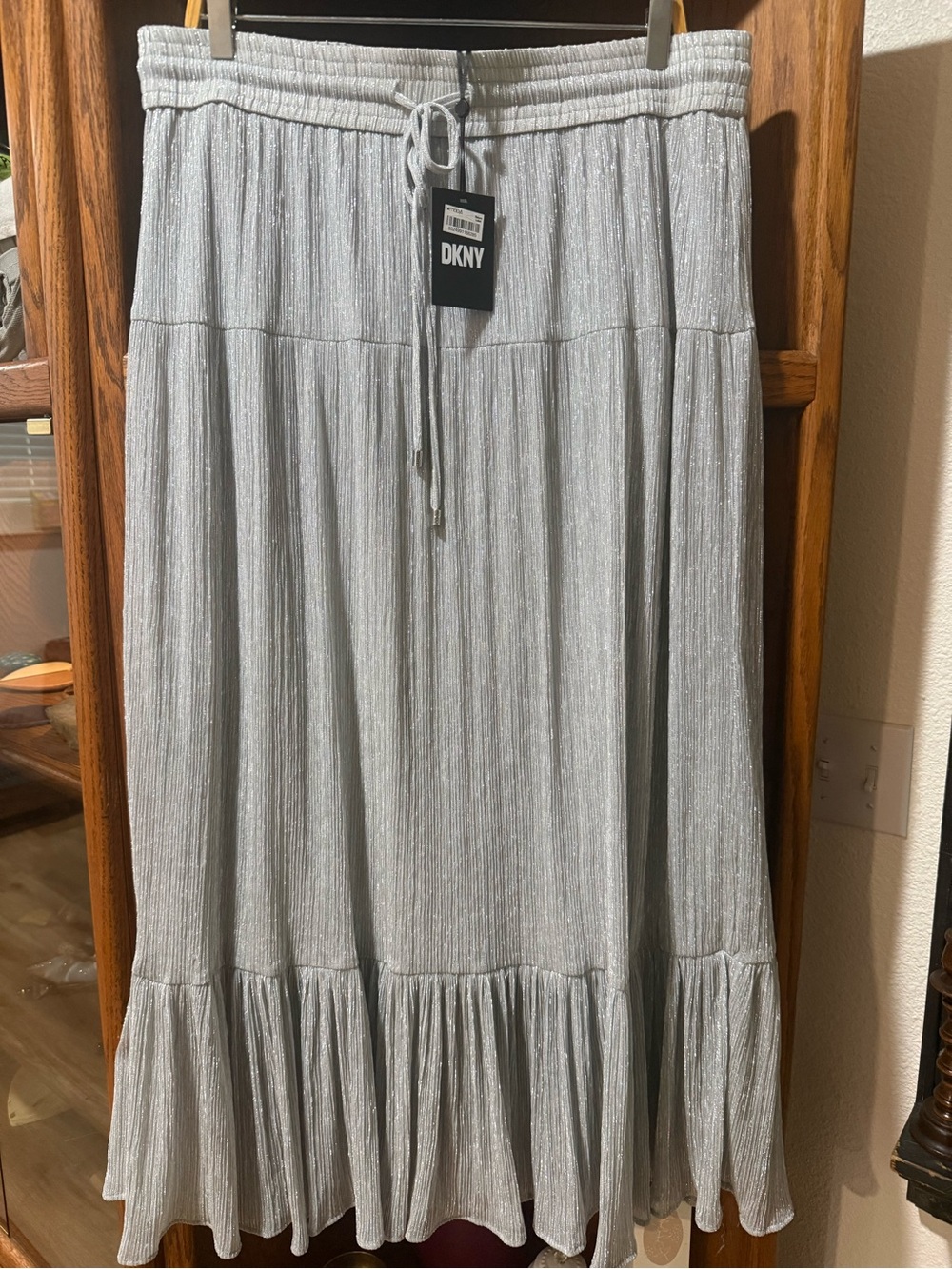 DKNY Silver Metallic Pleated Maxi Skirt